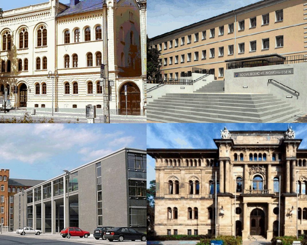 Außenansichten der Thüringer Sozialgerichte v.l. Altenburg, Nordhausen, Meiningen, Gotha Copyright: ©ThLSG Außenansichten der Thüringer Sozialgerichte v.l. Altenburg, Nordhausen, Meiningen, Gotha Copyright: ©ThLSG
