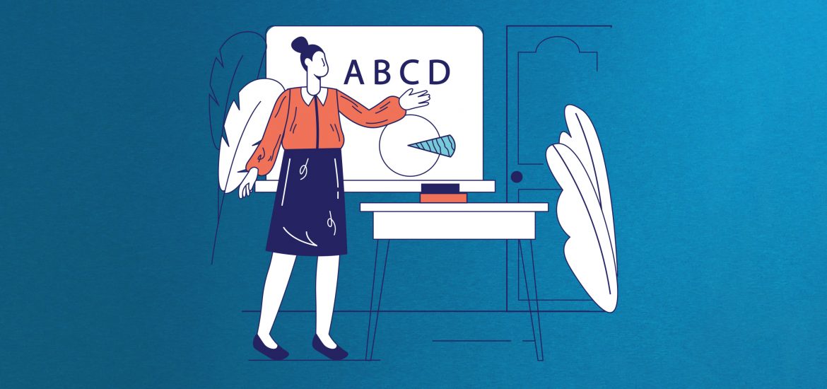 Illustration einer Lehrerin vor einer Tafel und einem Schreibtisch